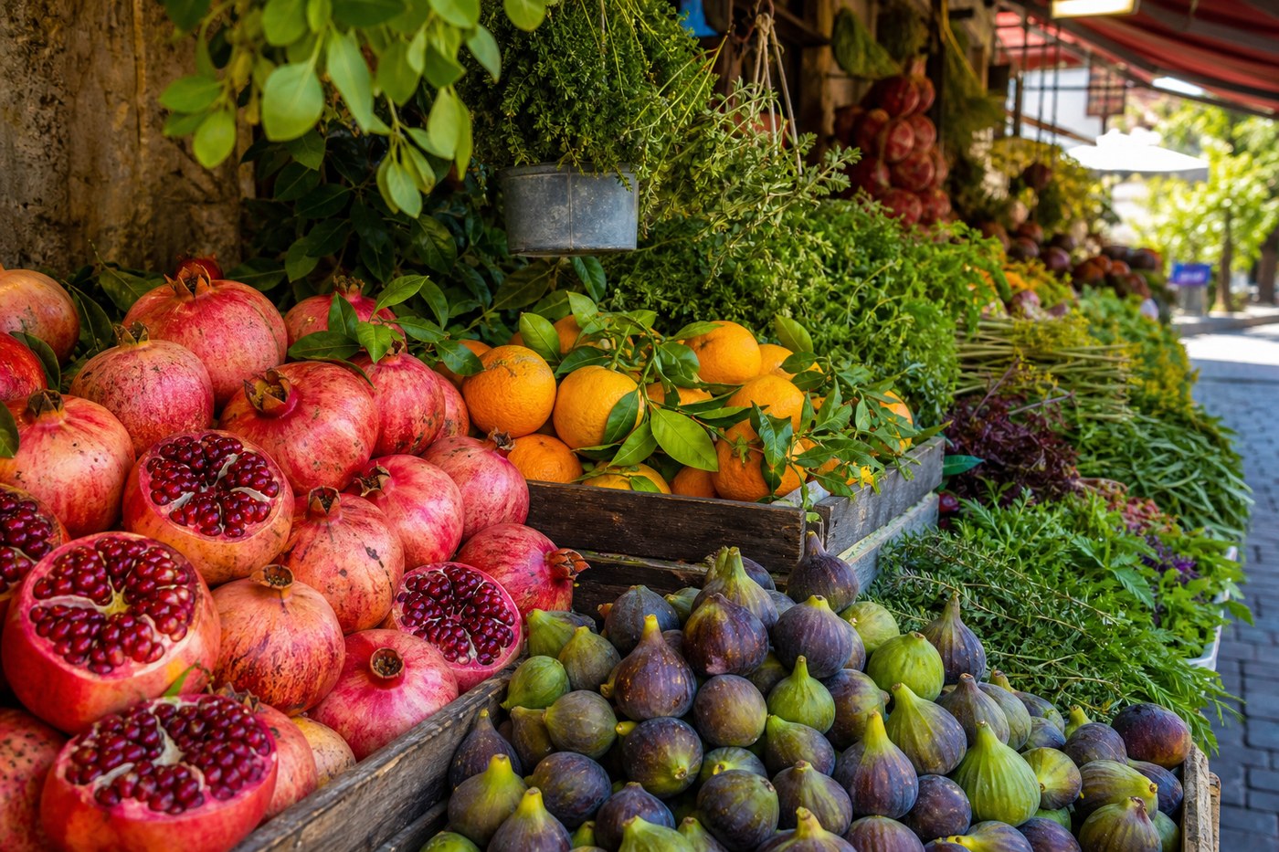 Fresh produce stall with pomegranates, oranges, and figs at Jaffa market