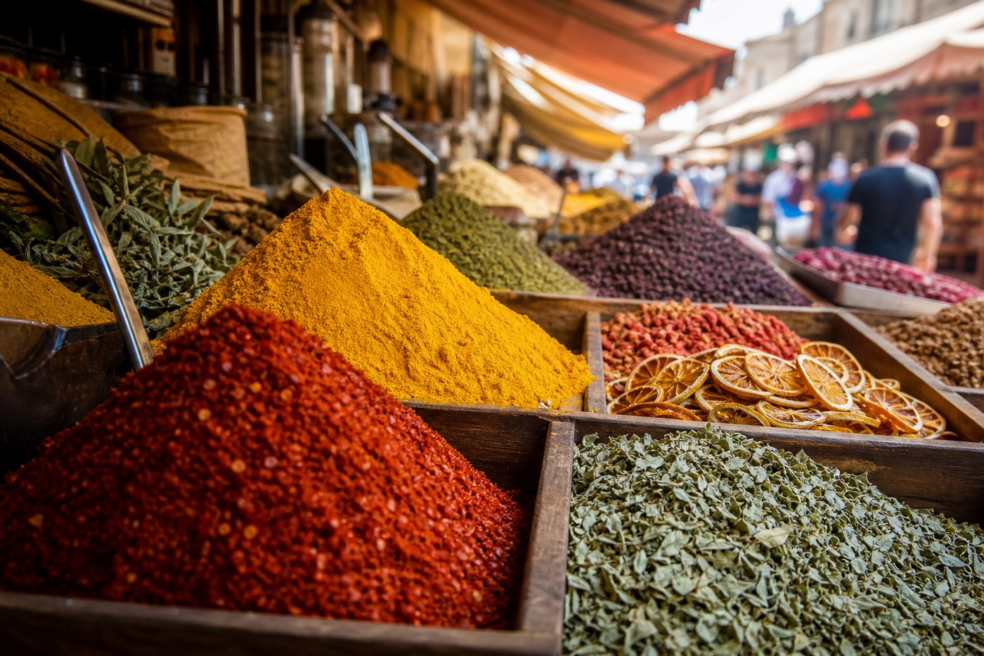 Morning spice market tour with colorful herb piles