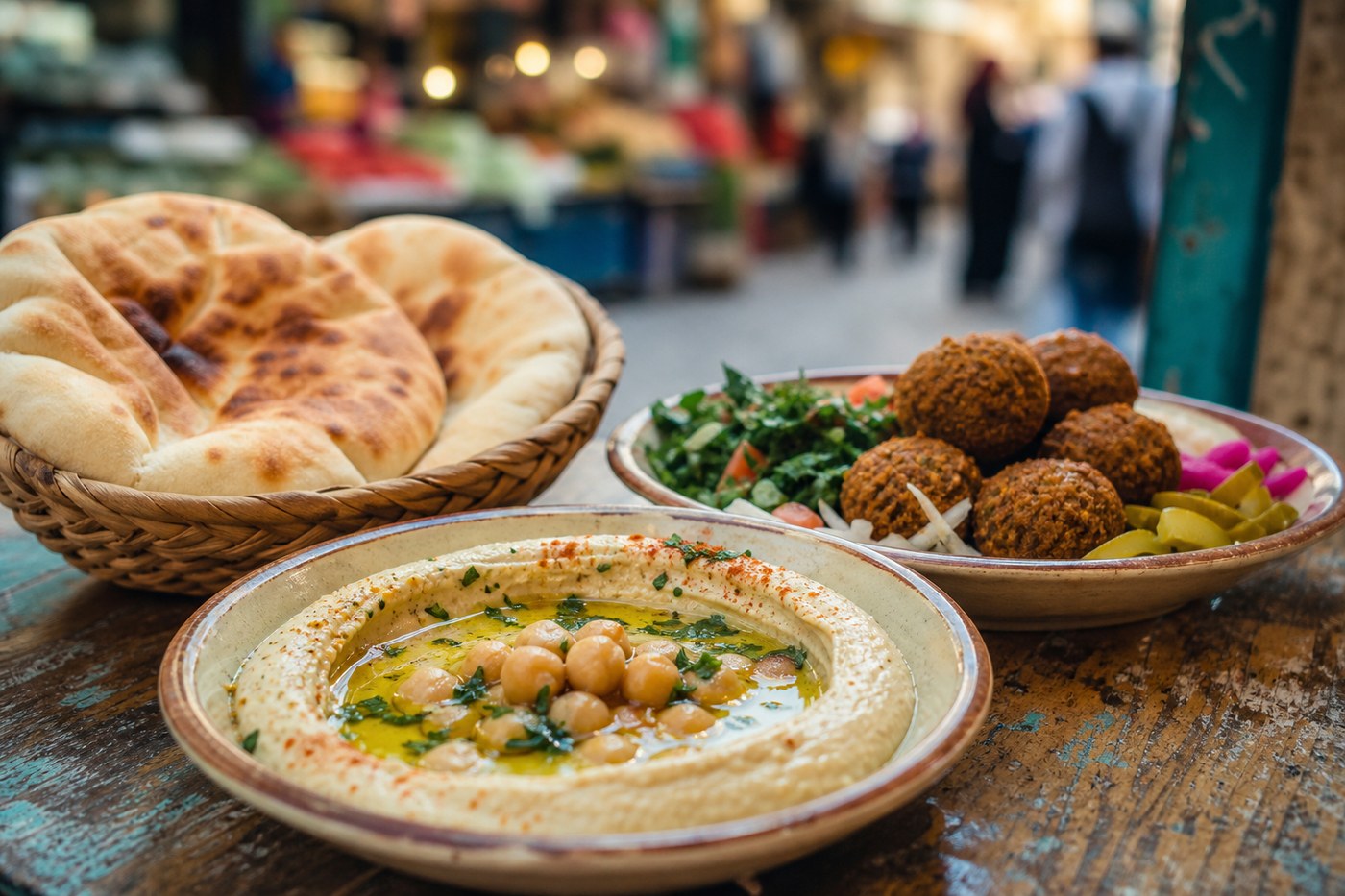 Street food tasting with hummus and pita at Jaffa market